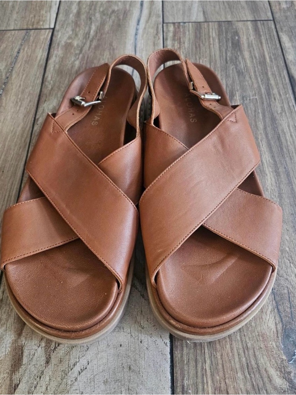 ALOHAS Cognac Crisscross Leather Slingback Sandals